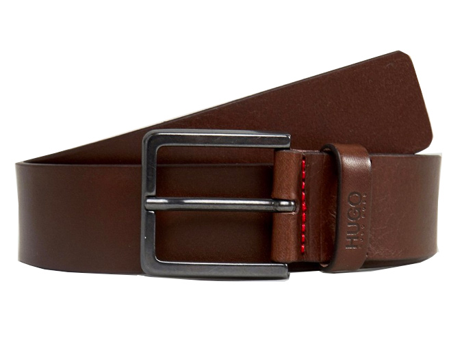 HUGO Logo Keeper Leather Belt in Brown